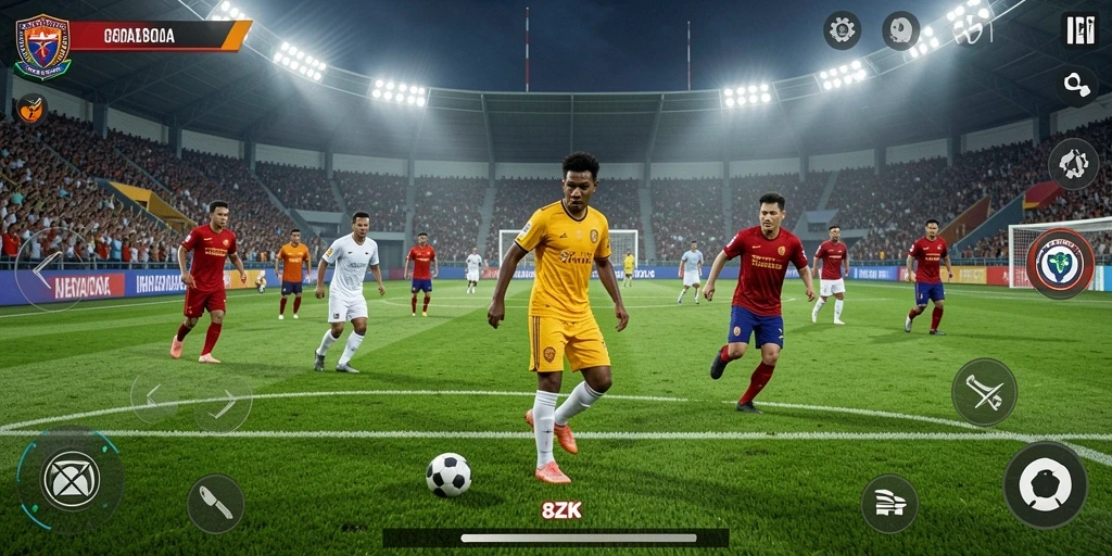 Tampilan gameplay <strong>8ZK</strong> dengan aksi sepak bola yang mendebarkan.