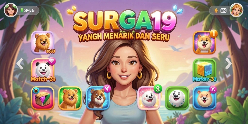 Gameplay seru SURGA19 dengan elemen Match-3 yang berwarna-warni.