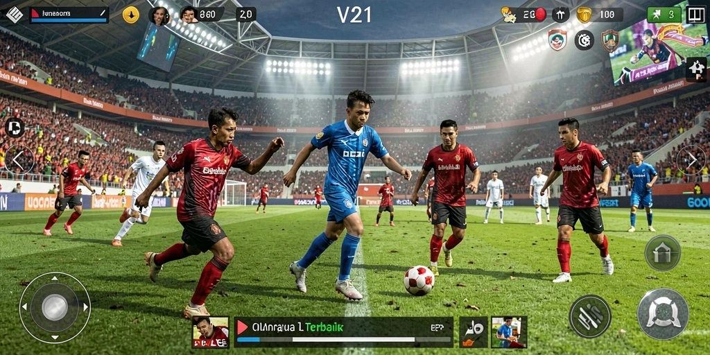 Tampilan gameplay V21 dengan aksi olahraga mendebarkan.